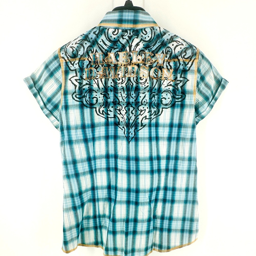 Harley Davidson Western Shirt Women Medium Turquoise Plaid Snap Embroidered EUC - Picture 3 of 8